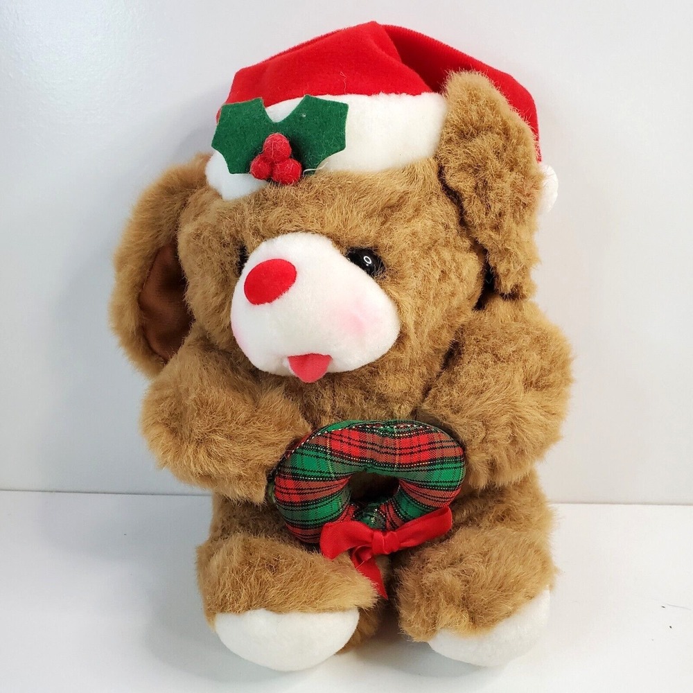 Vintage Fun World Christmas Santa Hat Dog Holding Wreath Plush Stuffed 10"